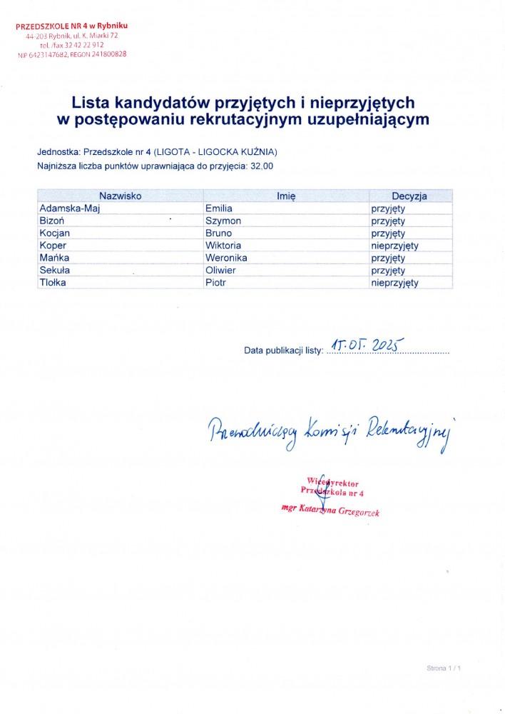 Lista kandydatów przyjętych i nieprzyjętych. Rekrutacja uzupełniająca.