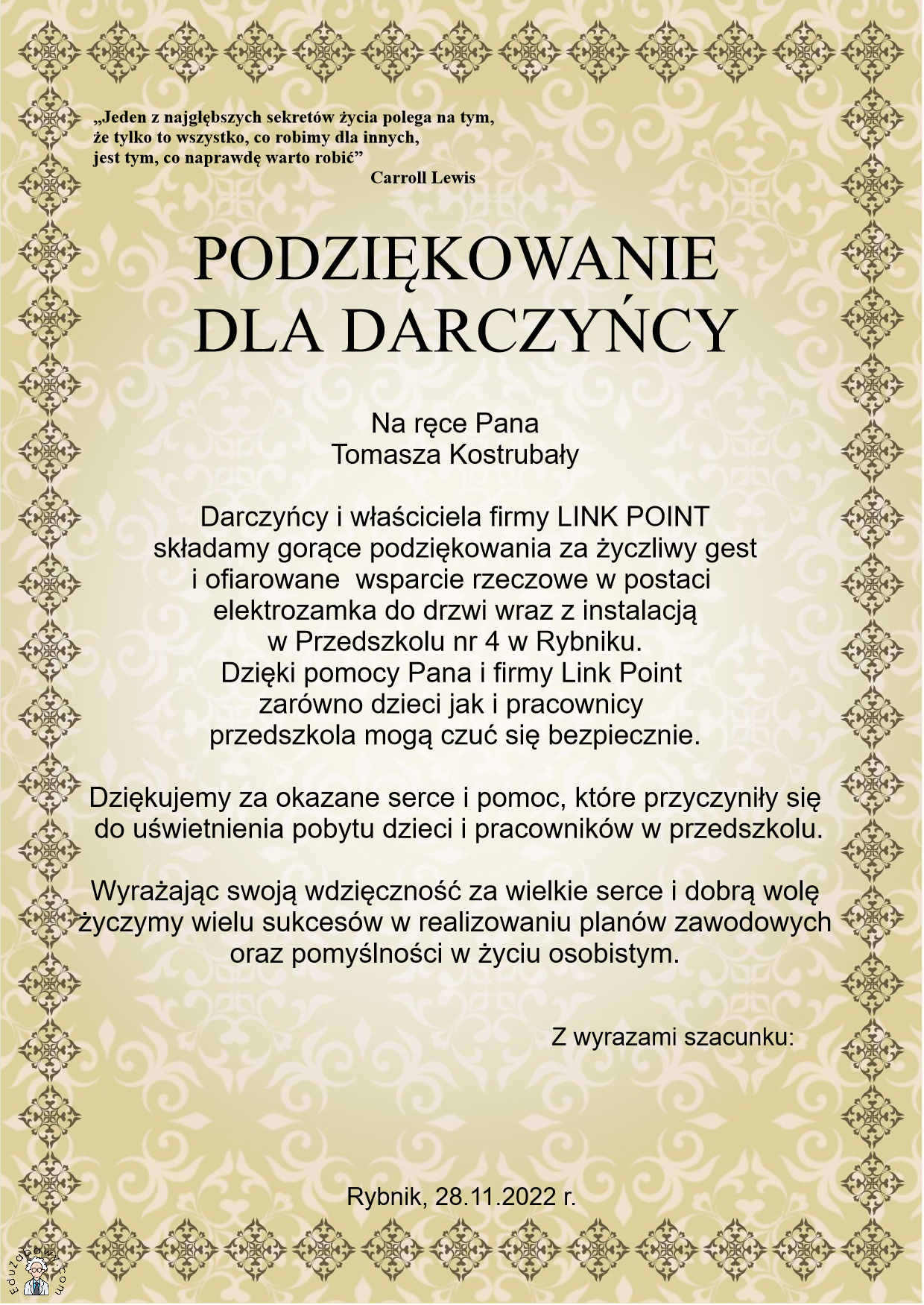 Podziękowanie dla darczyńcy