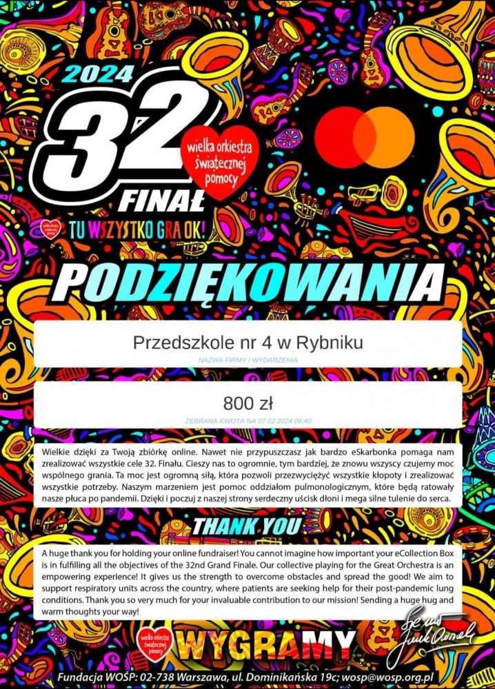 podziękowanie za udział w WOŚP